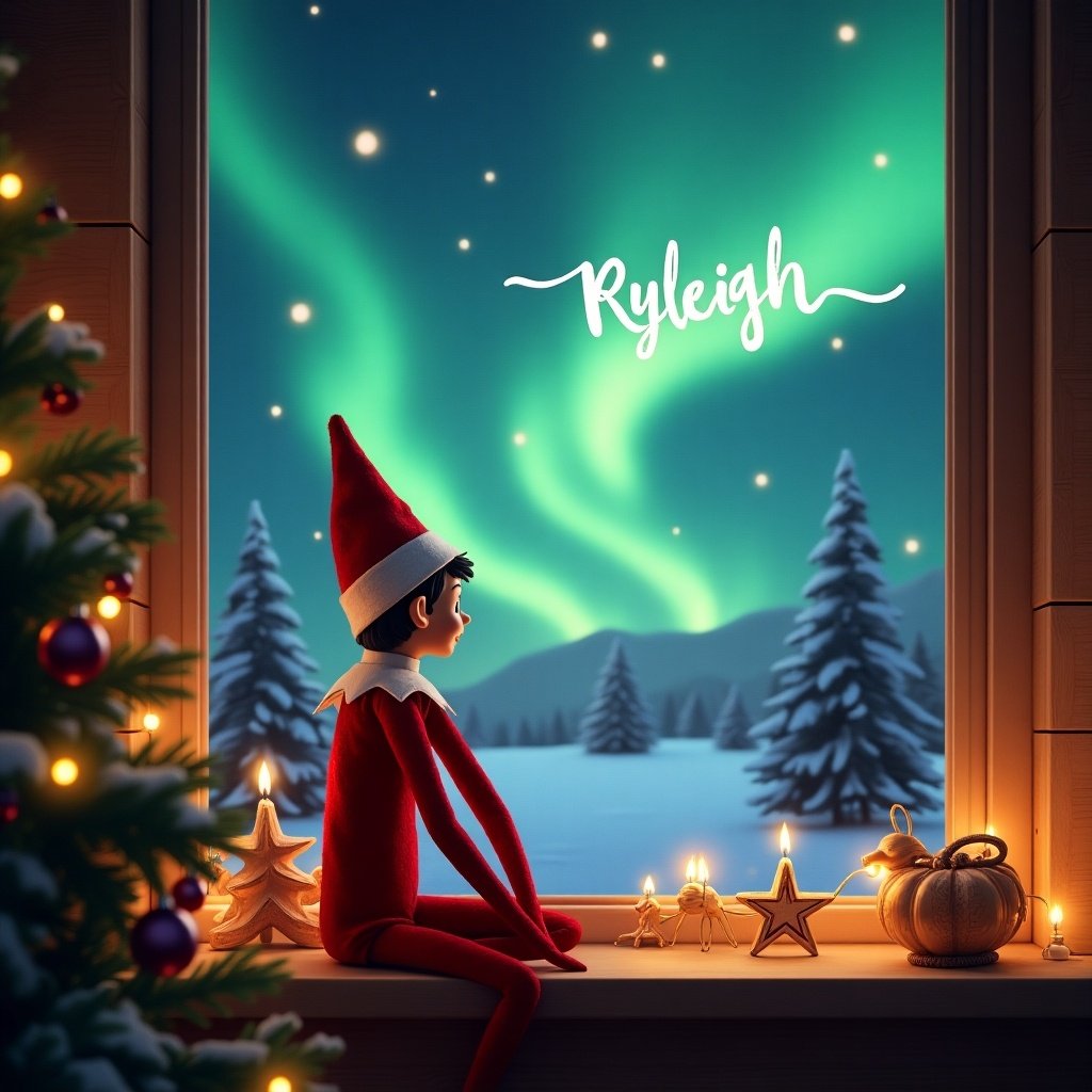 The image showcases an elf on the shelf, symbolizing the holiday spirit, sitting by a window. The elf gazes at a stunning display of northern lights outside, adding a magical touch. Warm candlelight creates a cozy atmosphere inside. The name 'Ryleigh' is elegantly written in the sky, further enhancing the festive feel. This scene captures the essence of Christmas traditions, blending charm with seasonal beauty.