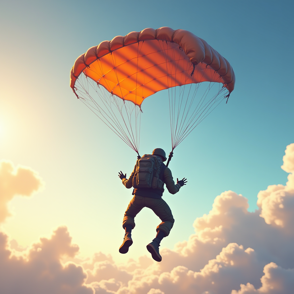 A skydiver gracefully descends with a vibrant parachute at sunset.