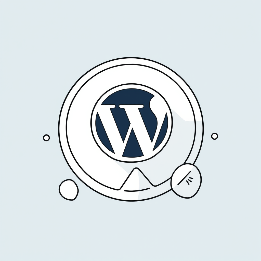 Illustration of a WordPress lens surrounded by abstract elements and a pale blue background.