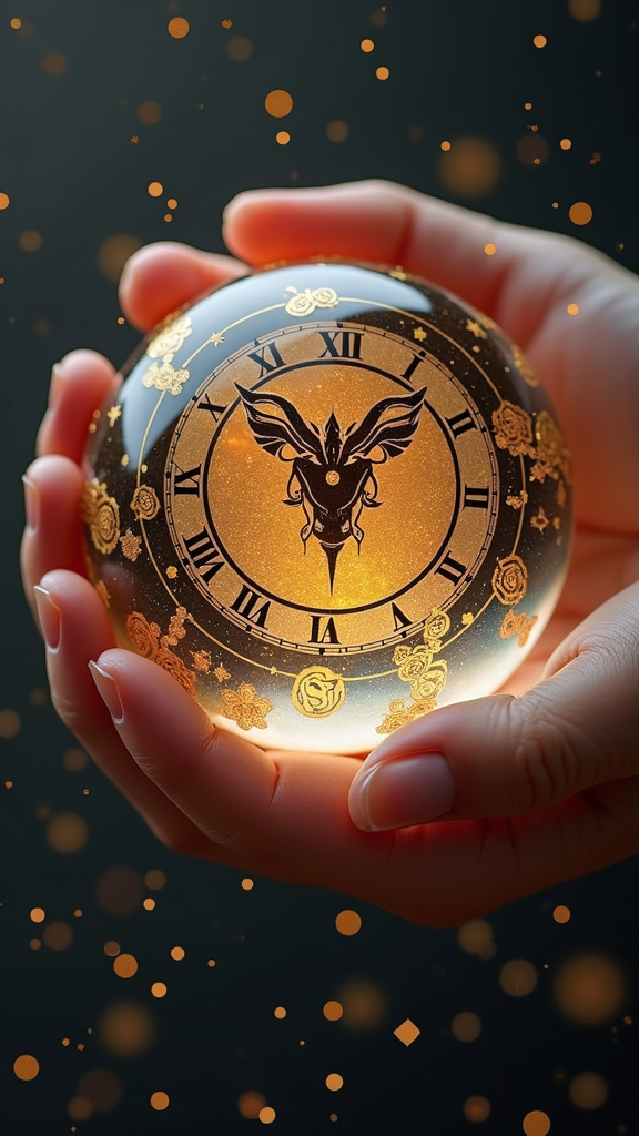 A hand gently cradles a glowing orb adorned with a clock face and intricate golden designs, surrounded by floating golden particles.