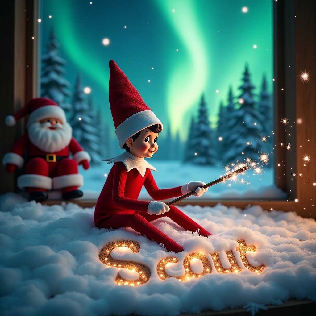 This enchanting image features an adorable elf on the shelf seated in a cozy winter scene. The elf is wearing a classic red outfit and is using a magical wand to write the name 'Scout' in the sparkling snow. Above, the northern lights dance in a vibrant display of color, adding to the magical ambiance. In the background, a cheerful Santa Claus can be seen, contributing to the festive spirit. The overall composition invites viewers into a whimsical world filled with joy and holiday cheer, perfect for celebrating the Christmas season.