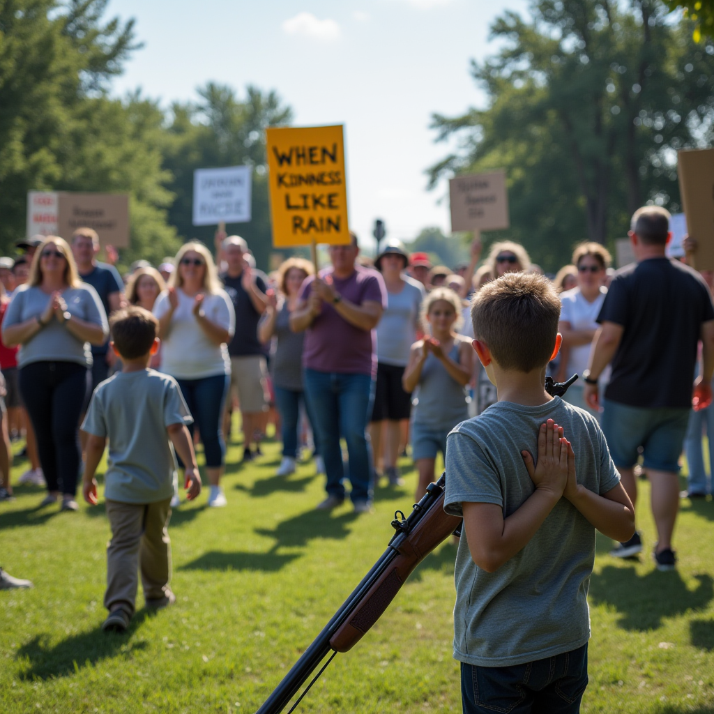 A young boy with a rifle stands before a peaceful crowd holding signs promoting kindness.