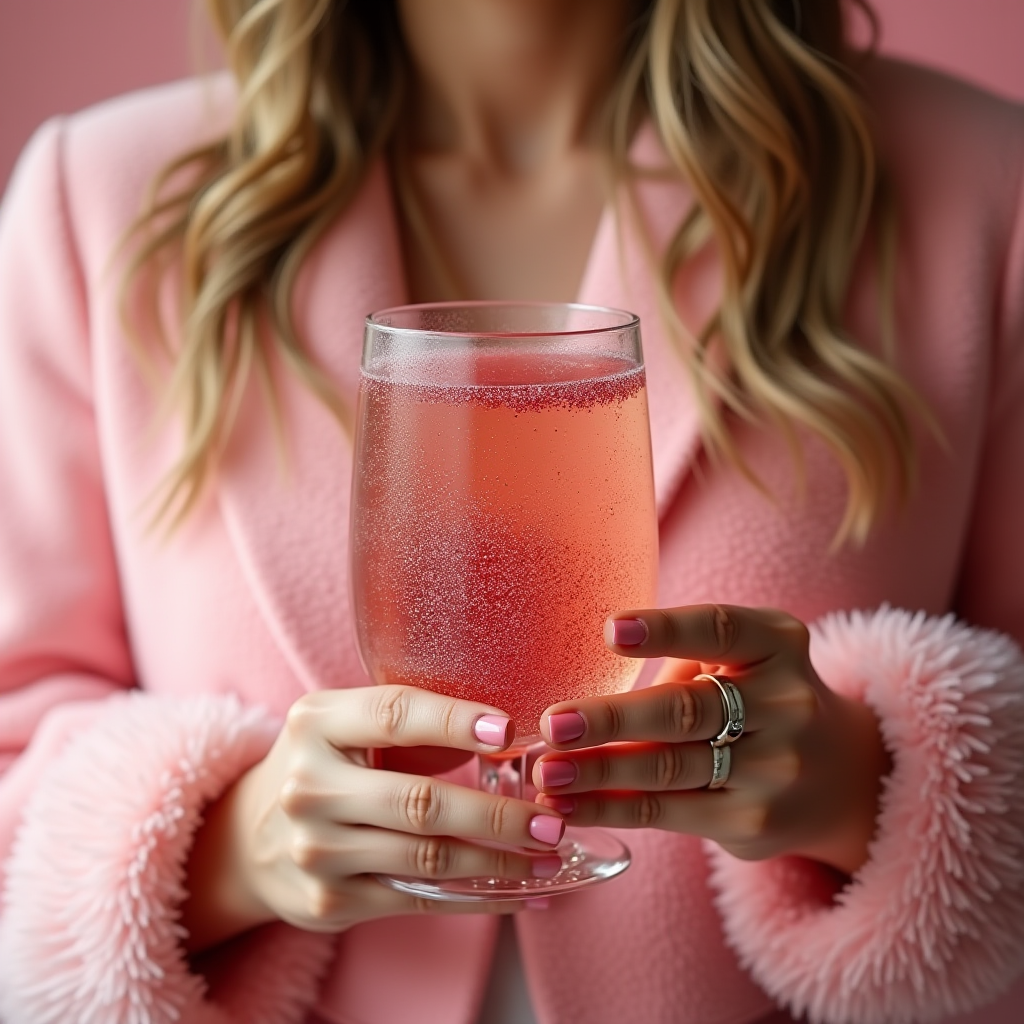 A woman in a plush pink coat holds a glass of fizzy pink drink, showcasing manicured nails and rings.