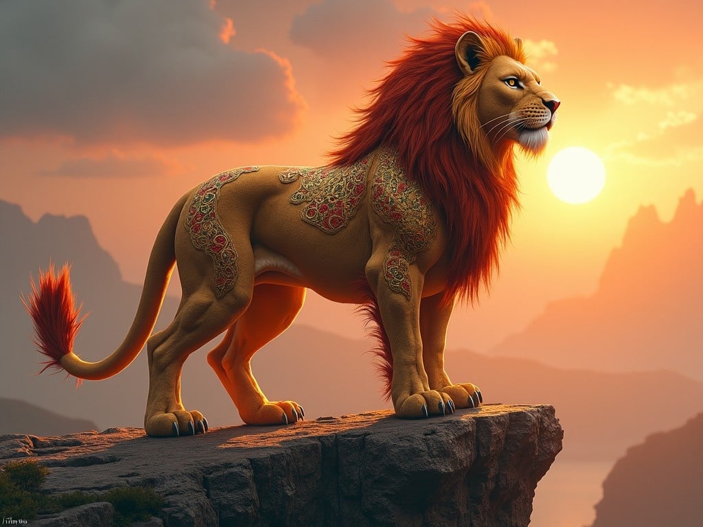 This image depicts a majestic lion standing proudly on a rocky cliff during a vibrant sunset. The lion has an ornate mane decorated with intricate patterns, emphasizing its regal presence. The warm colors of the sunset create a dramatic backdrop, highlighting the lion's features. The scene is set in a mountainous landscape, suggesting strength and leadership. The overall composition conveys a sense of power and beauty, inviting admiration.