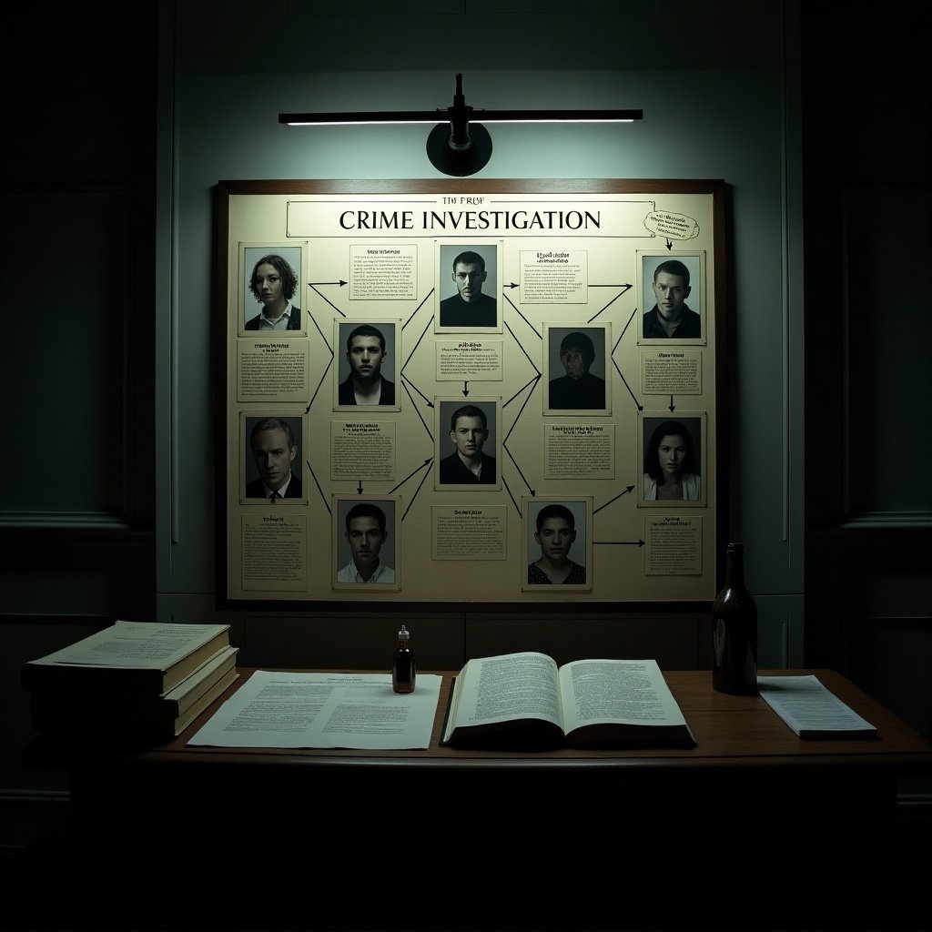 The image showcases a crime investigation board set up in a dimly lit room. The board is filled with photographs of various individuals, connected by lines to illustrate relationships or key evidence. Each panel contains detailed descriptions of the subjects, evoking a sense of mystery. A few items like books and a bottle are placed in front of the board, suggesting ongoing research. The soft lighting creates an intense atmosphere, leading viewers to wonder about the criminal narrative depicted.