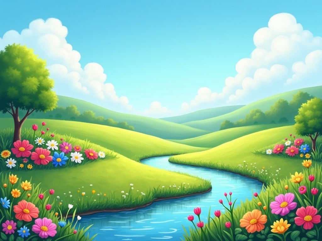 The image depicts a vibrant and serene landscape with rolling green hills, adorned with an array of colorful flowers. A gentle river snakes through the scenery, reflecting the bright blue sky above. Fluffy white clouds float lazily, adding to the peaceful atmosphere. This picturesque scene captures the essence of a sunny day in nature, inviting viewers to immerse themselves in its beauty. It's an ideal representation of tranquility and the joys of the outdoors, perfect for children's stories or as a cheerful wall decoration.