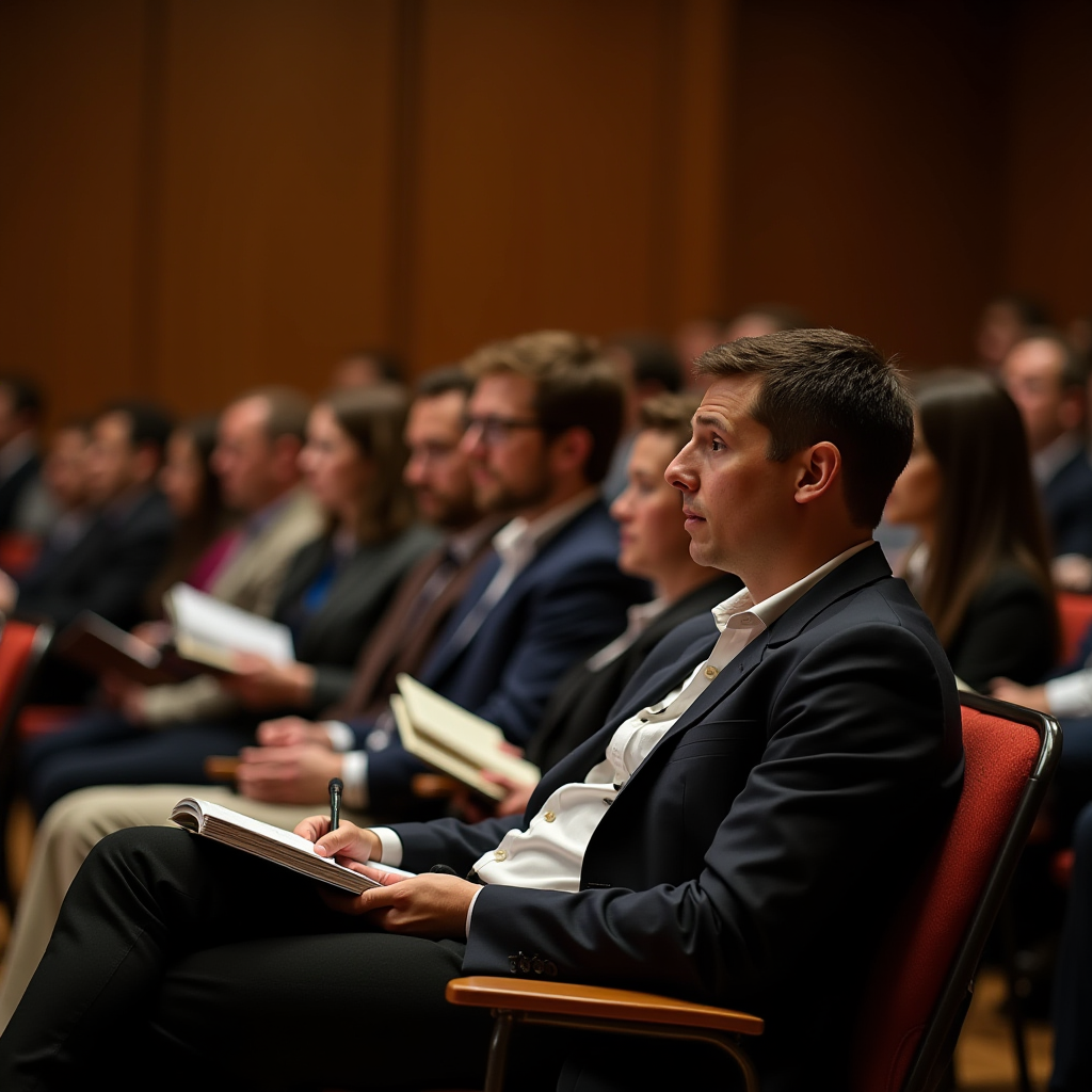 A man in a suit attentively listens and takes notes during a professional seminar.