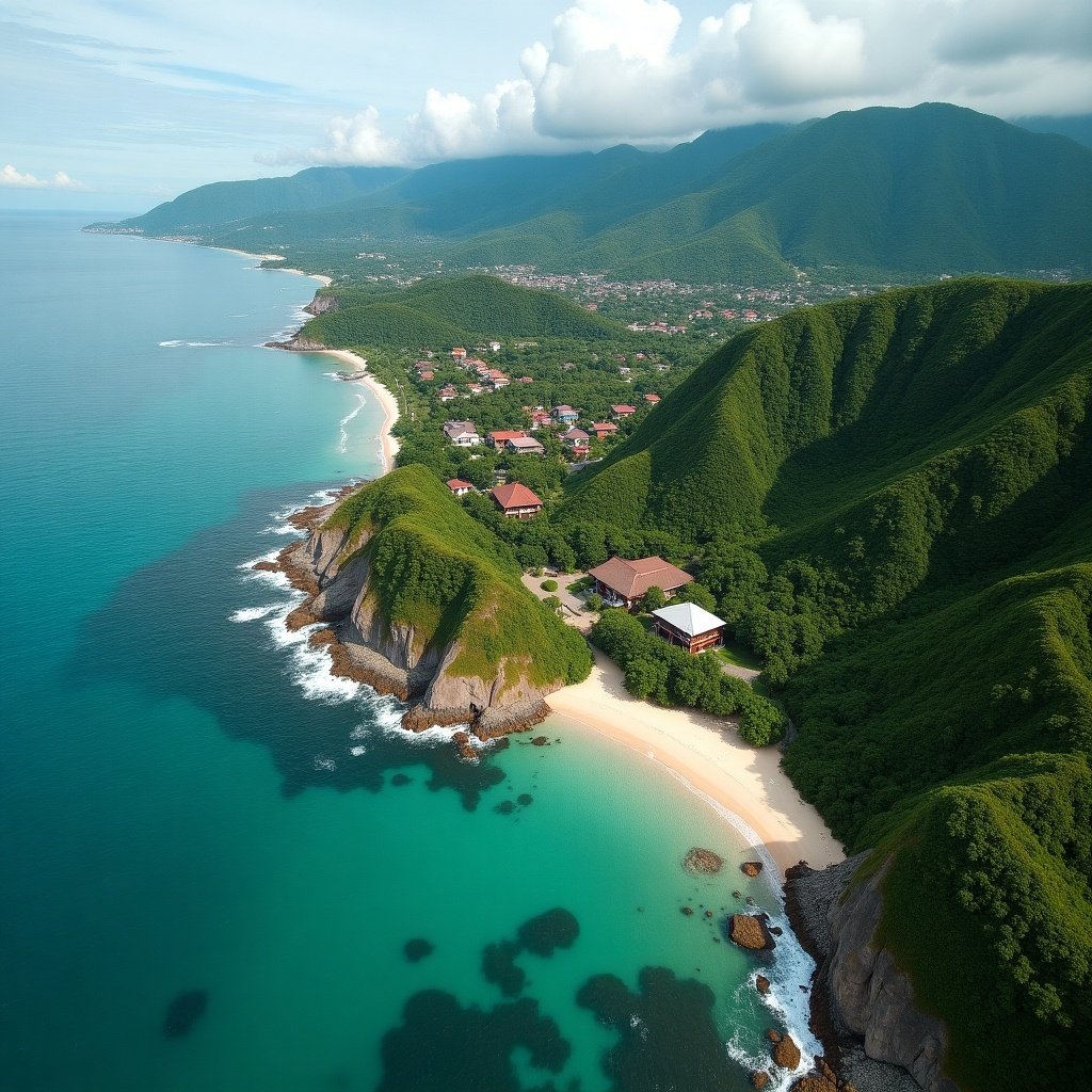 This image shows an aerial view of Sitio Bani in Brgy. Cataning, Balanga City, Bataan. The coastline features soft sands and clear turquoise waters. Lush greenery stretches across the hills, highlighting the natural beauty of the area. The landscape captures the charm of a coastal town with modern developments nestled against nature. It evokes a sense of tranquility and adventure, inviting viewers to explore the serene environment.