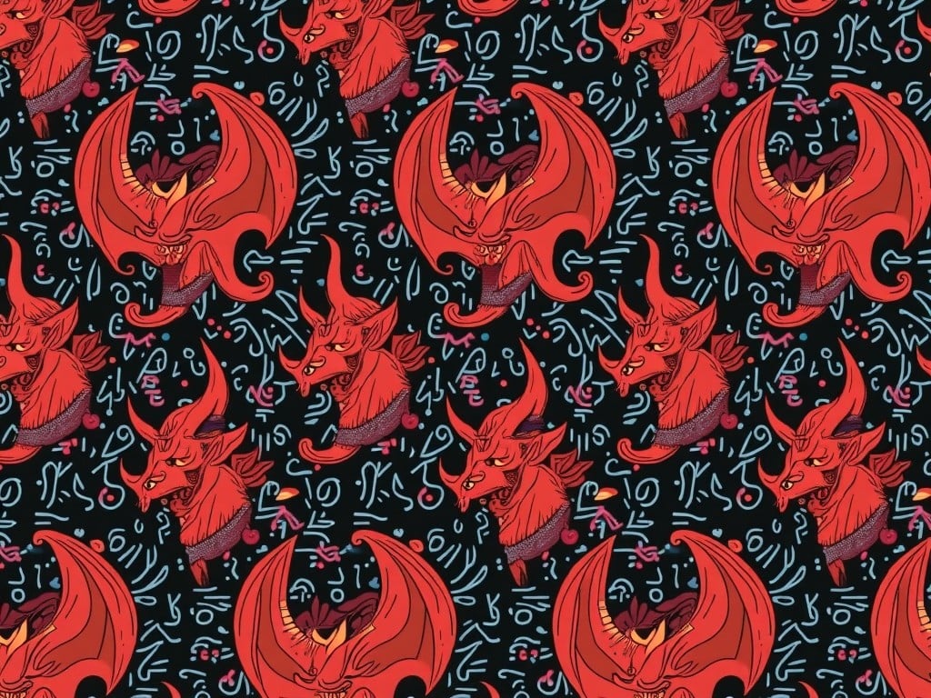 A repeating pattern of red demon faces with abstract symbols on a dark background.