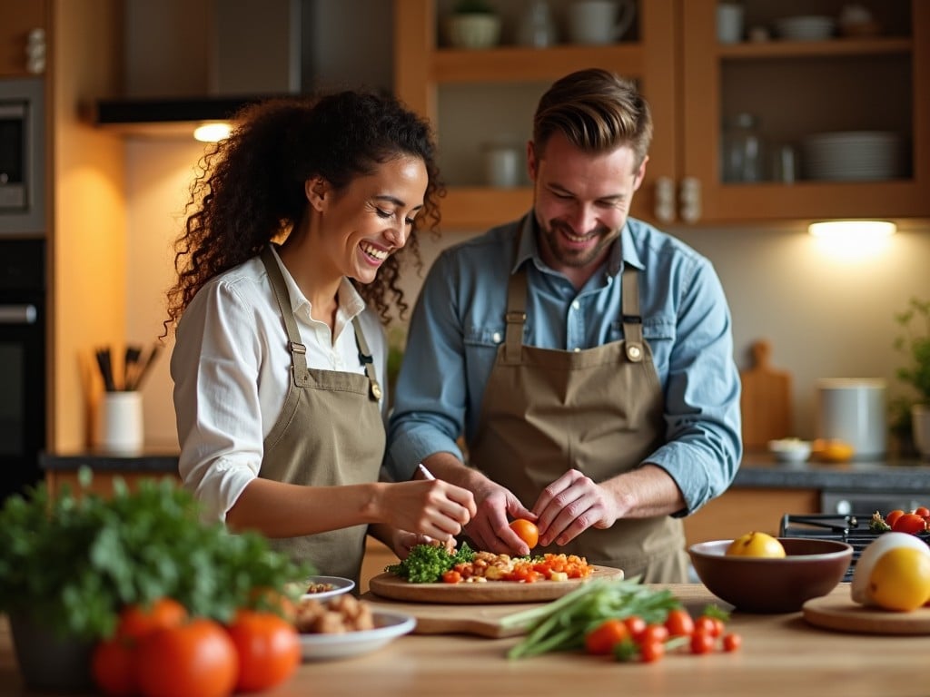 A couple happily preparing a meal in a cozy kitchen setting. They are engaged in chopping fresh vegetables together, showing joy and teamwork. The kitchen has a warm ambiance with wooden cabinets and natural light. Various ingredients are spread out on the counter, including colorful vegetables. This scene captures the essence of cooking as a shared experience.