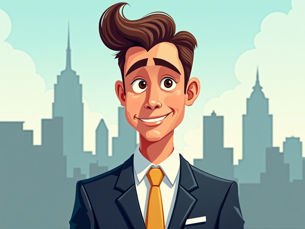 This image features a cartoon-style illustration of a young man standing against a city skyline. He has a confident smile and is wearing a dark suit with a bright yellow tie. The background showcases iconic buildings, hinting at a bustling urban environment, probably New York City. The colors are vibrant, with a clear sky and stylized clouds, creating an upbeat atmosphere. This character represents ambition and professionalism in a fun and engaging way.