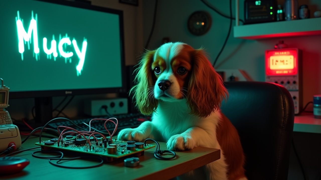 In a dark and eerie lab, a fluffy Cavalier King Charles Spaniel is sitting in a chair, engaged with a circuit board. Surrounding it are various wires and circuit boards, creating a tech-savvy atmosphere. Oscilloscopes and multimeters are present, displaying active signals. The bright red emergency alarm in the background adds a striking element to the scene. The dog's expressive face captures the rarity of this unusual interaction between a pet and electronics. The glowing green font of the text 'Mucy' illuminates the dark space, enhancing the overall mood of the image.