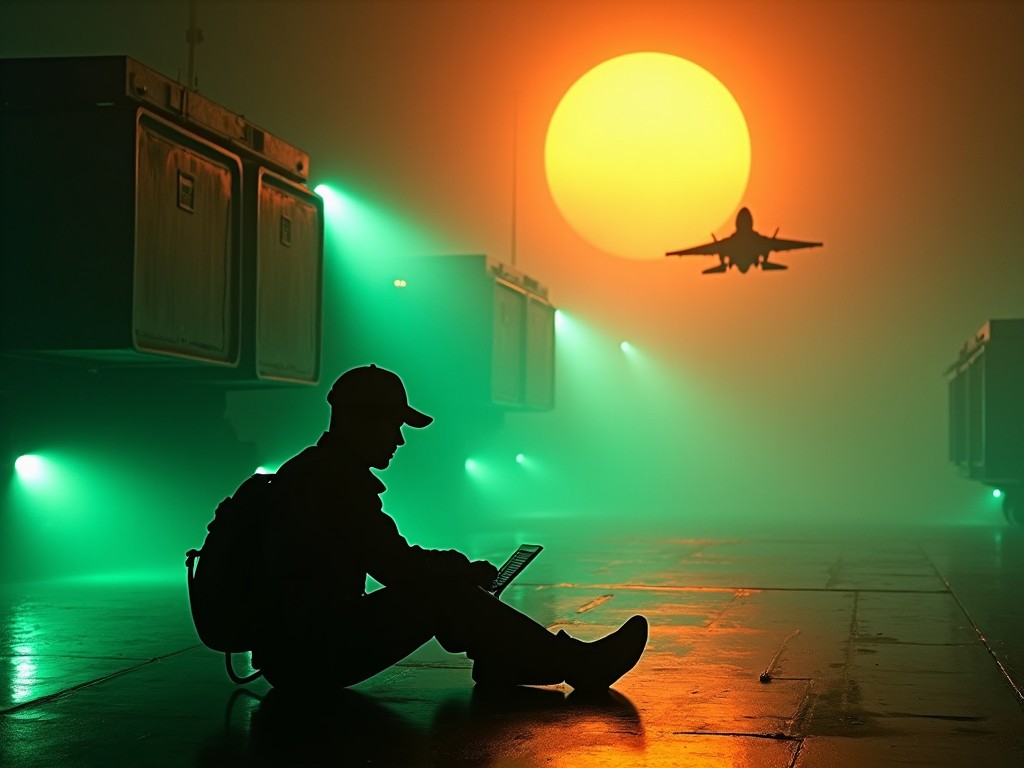 The image captures an engineer sitting on the ground, deeply focused on programming a large machine in a lab. The atmosphere is moody, illuminated by bright green laser beams cutting through the haze. A vivid orange sun adds a dramatic backdrop, creating a stark contrast with the darker foreground. Overhead, a fighter jet soars majestically through the sky, enhancing the scene's dynamic energy. This portrayal blends technology with aviation, suggesting a narrative of innovation and progress.