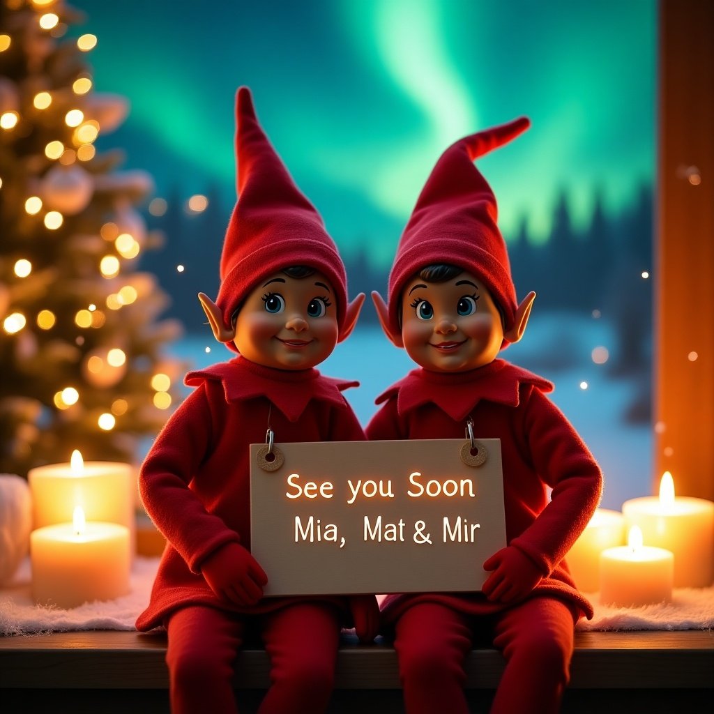 In a cozy holiday setting, two cheerful elves sit close together, wearing vibrant red outfits and pointy hats. They hold a sign that reads 'See you Soon Mia, Mat & Mir' in bright letters. The backdrop is magical, adorned with a beautifully decorated Christmas tree and the enchanting northern lights illuminating the night sky. Surrounding them are warm candles casting a golden glow, with twinkling lights adding to the festive atmosphere. Perfectly capturing the joy and spirit of the holiday season.