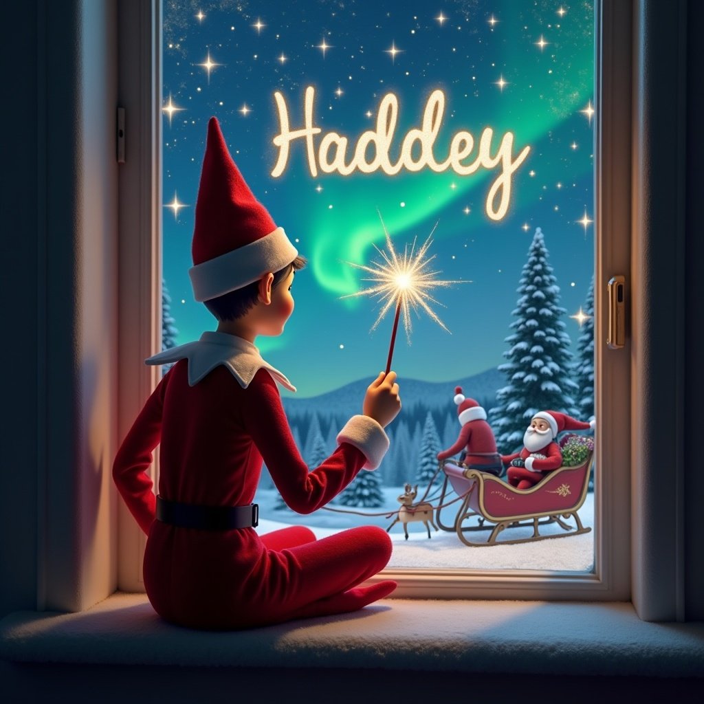 The image features an elf sitting on a window ledge with his back to the viewer. He is gazing at the enchanting sky, which is filled with twinkling stars and colorful northern lights. In the background, Santa Claus is seen in his sleigh, adding to the festive atmosphere. The elf is dressed in a classic red outfit complete with a pointed hat, embodying the holiday spirit. With a wand in hand, he writes the name 'Hadley' in shimmering letters, creating a magical moment.