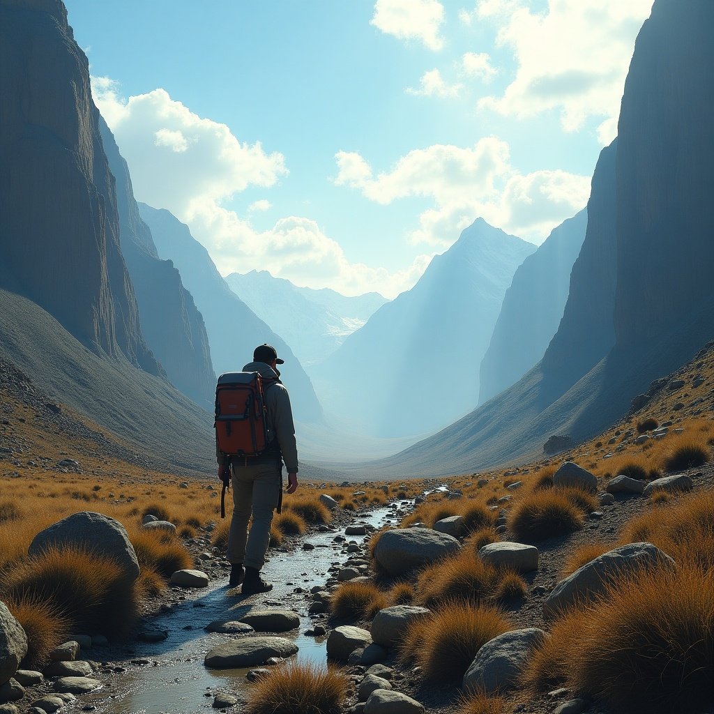 This image showcases a lone hiker standing amidst a vast valley surrounded by towering mountains. The hiker, equipped with a bright orange backpack, is the main focal point, captivating the viewer's attention. The landscape is bathed in soft, natural sunlight, creating an ethereal and tranquil atmosphere. In the background, the peaks are partially shrouded in mist, adding a sense of mystery and adventure. Tall grasses line the stream flowing through the valley, enhancing the connection to nature and exploration.