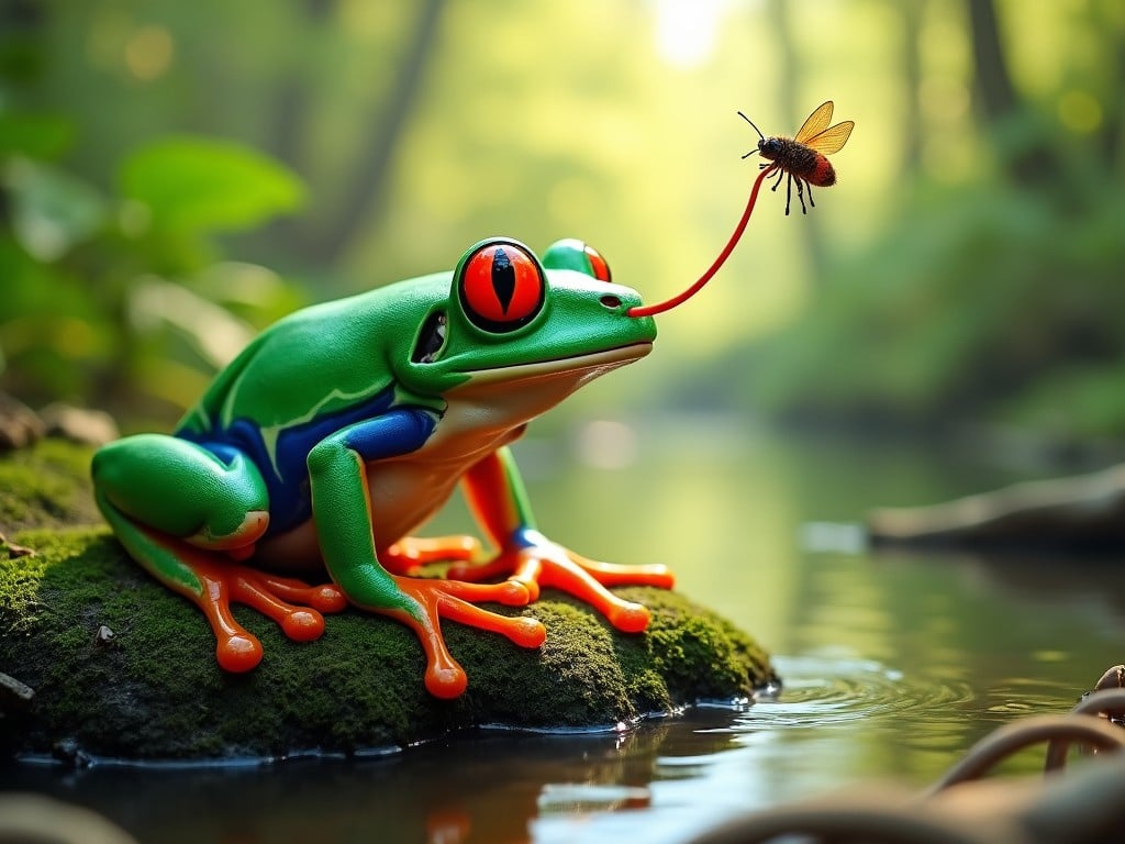 A vibrant image of a red-eyed tree frog catching a bee in a serene forest setting, showcasing vivid colors and wildlife behavior.