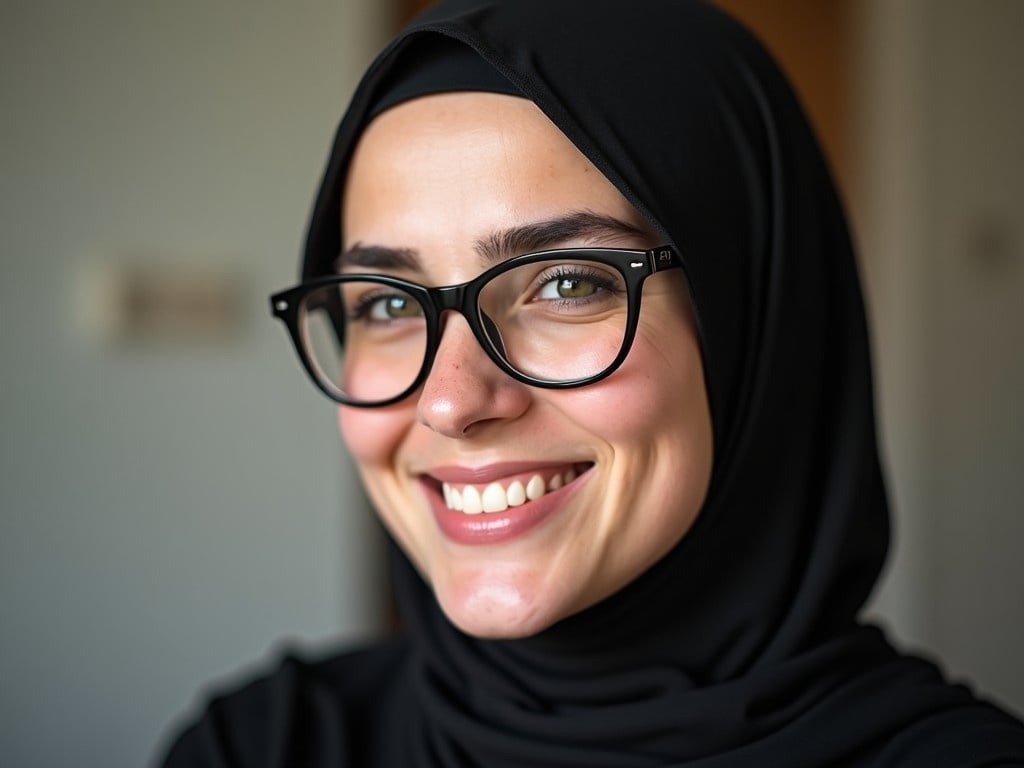 This image is a warm portrait of a woman wearing glasses and a black hijab. She has a soft smile that evokes a sense of friendliness and approachability. The background is softly blurred, focusing the viewer's attention on her facial features. The lighting is gentle, highlighting her skin tones and the texture of her hijab. This close-up captures her confident and cheerful demeanor perfectly.