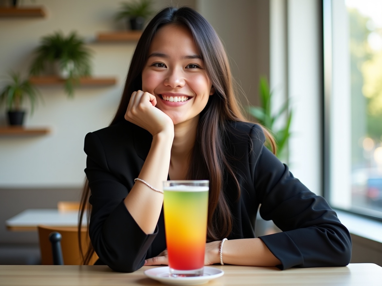 A young woman with long, dark hair is sitting at a table, resting her chin on her hand, smiling warmly. She is wearing a black blazer and has a delicate bracelet on her wrist. In front of her is a beautifully layered drink in a clear glass, showcasing vibrant colors from top to bottom, with a round plate underneath. The setting features light-colored walls and decorative plants on shelves in the background. The sunlight coming through the window creates a bright and inviting atmosphere.