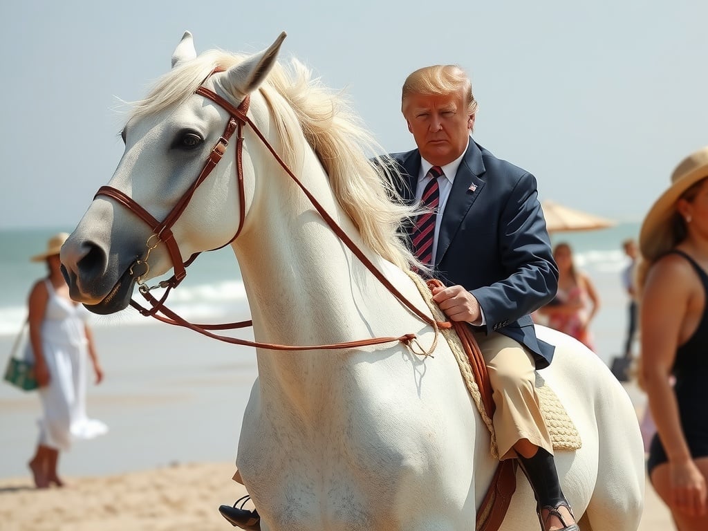 A man in a suit rides a white horse on a sunny beach.