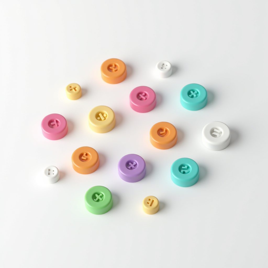 A collection of colorful plastic buttons of various sizes scattered on a white surface.