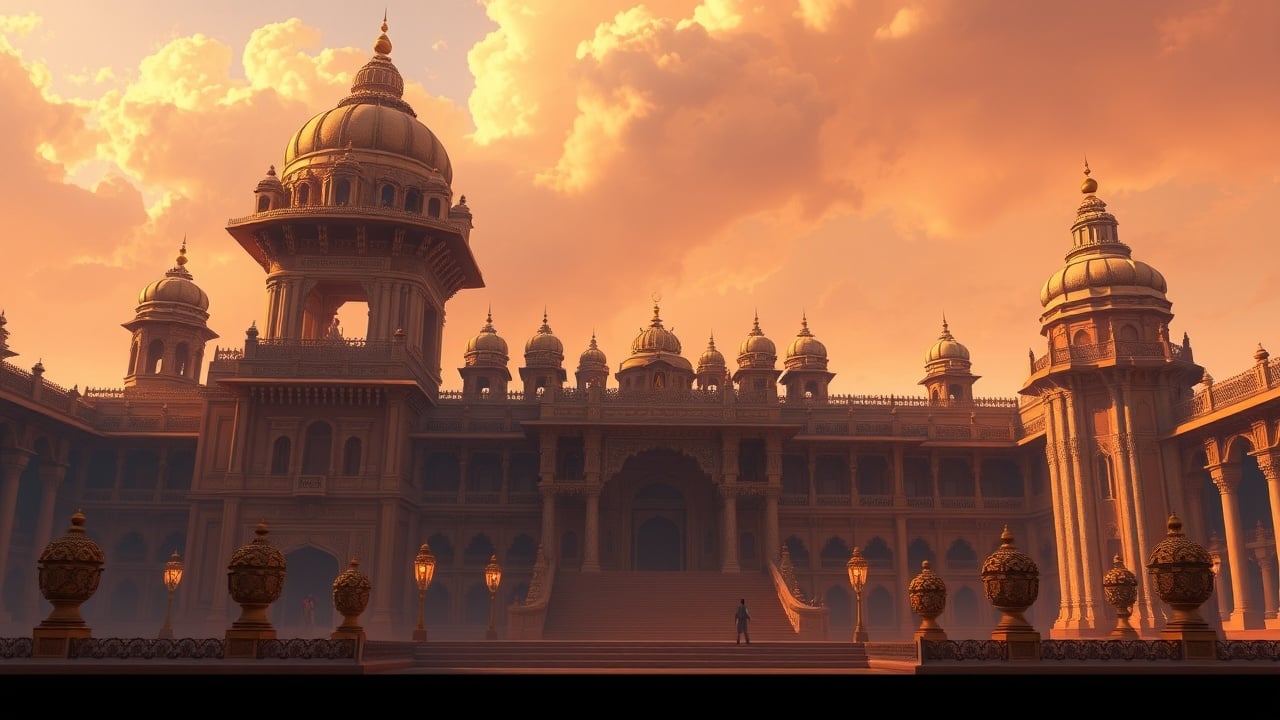 A majestic palace with domes and arches at sunset, glowing orange hues in the sky.