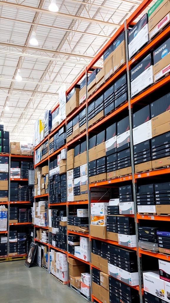 An organized array of stacked boxes on metal shelves in a spacious warehouse setting.