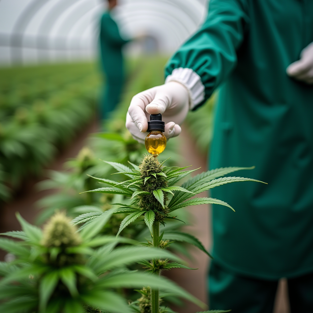 A person in a green lab coat holds a small bottle of golden liquid over a cannabis plant in a greenhouse.