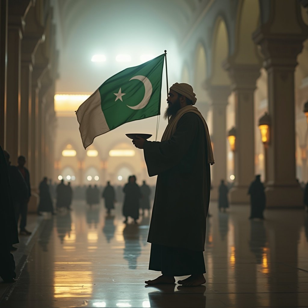 A man holding a flag of Pakistan inside a traditional and ornately decorated mosque, with ambient lighting and shadowy figures in the background, evoking a sense of cultural pride and religious reverence.