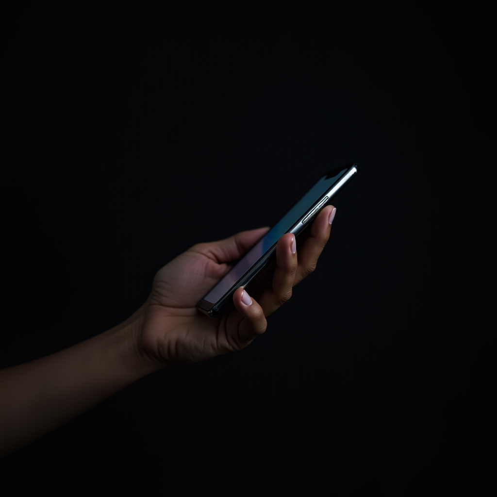 A hand gracefully holds a smartphone against a stark black background.