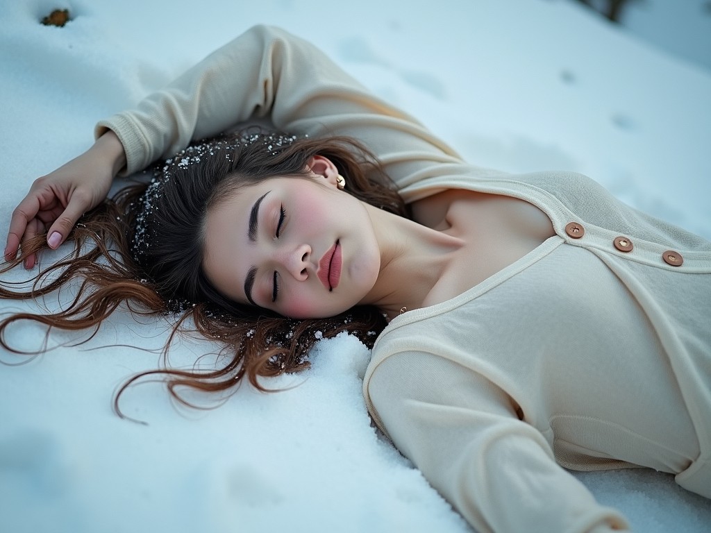 a woman lying peacefully on snow, eyes closed, wearing a beige cardigan, soft and natural lighting, serene expression