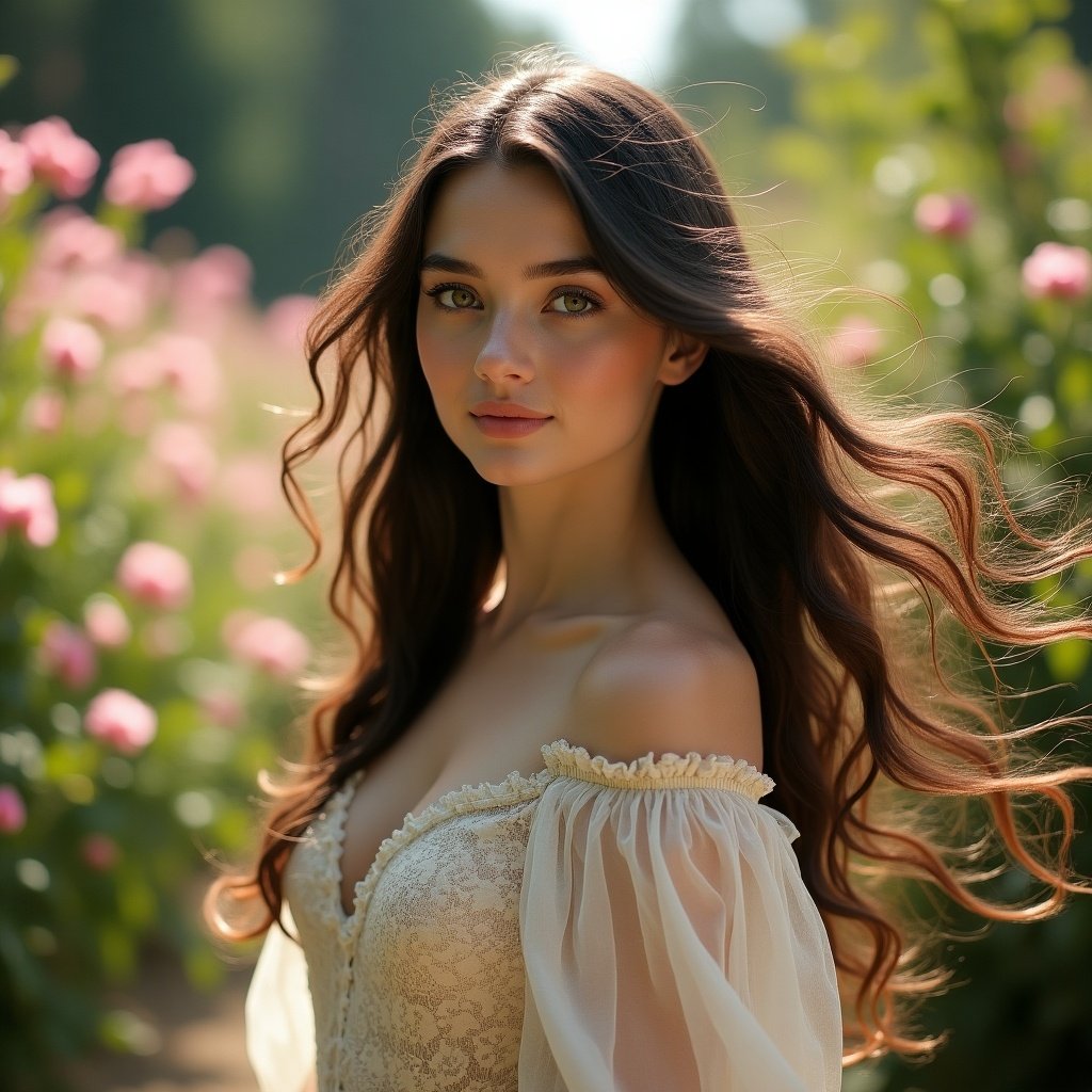 This portrait features a young woman named Arabelle, standing in a floral field filled with blooming roses. She has long, flowing hair that catches the gentle breeze, giving a dynamic feel to the image. Her attire is elegant, with off-the-shoulder lace detailing that accentuates her grace. The soft, natural lighting beautifully highlights her complexion and the delicate colors of the flowers surrounding her. The overall mood of the image is serene and enchanting, making it perfect for fashion or beauty promotions.