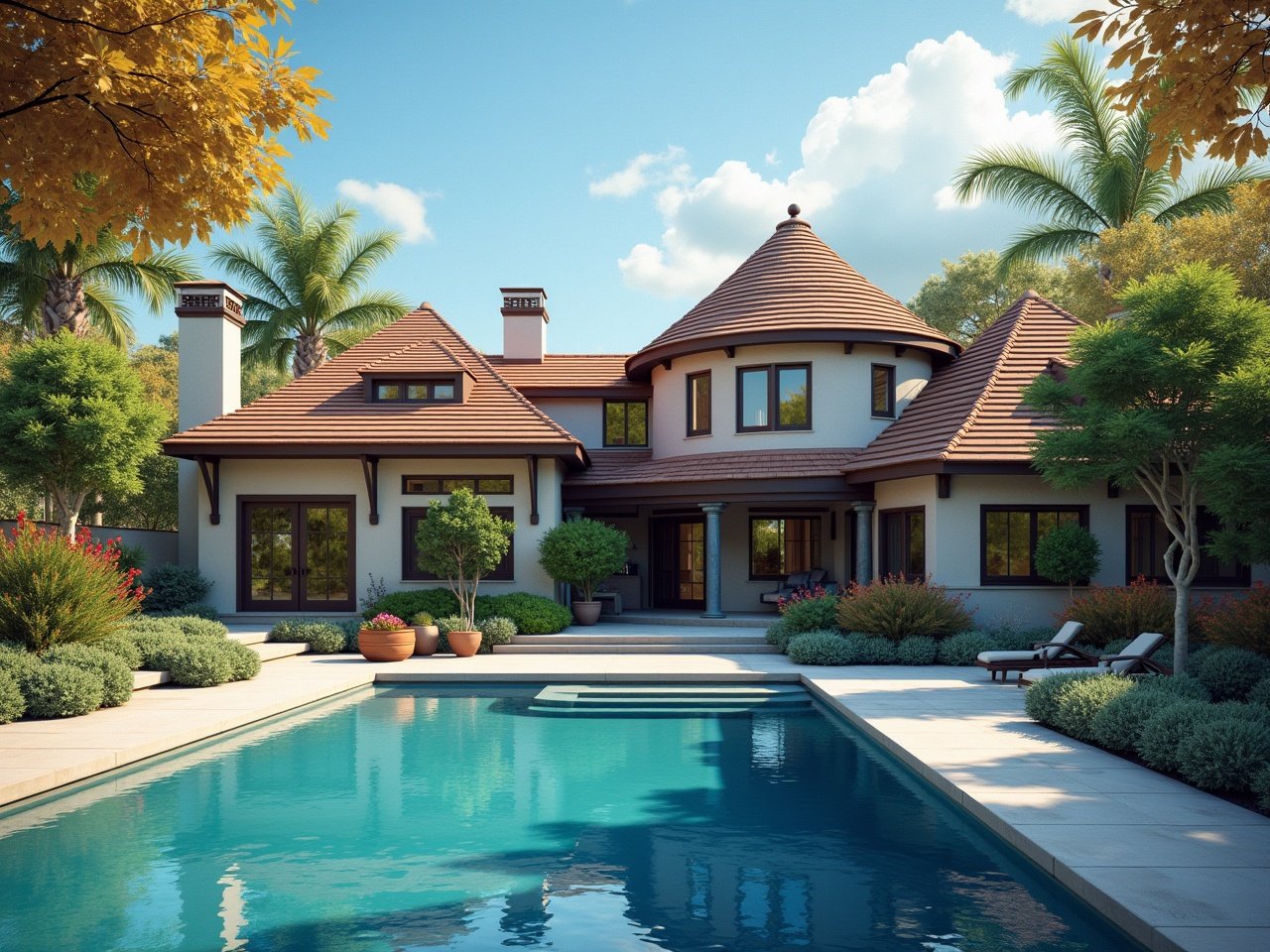 Recreate the image to maintain the same layout but enhance the realism and polish of the scene. Make the houses appear more textured and detailed, with realistic colors and shading. The pool should also look more lifelike, with reflective water surfaces and appropriate lighting. Surrounding trees and foliage need refined detailing, enhancing their natural appearance with varied colors and shadows. Overall, ensure the image captures a more vibrant and realistic suburban landscape.