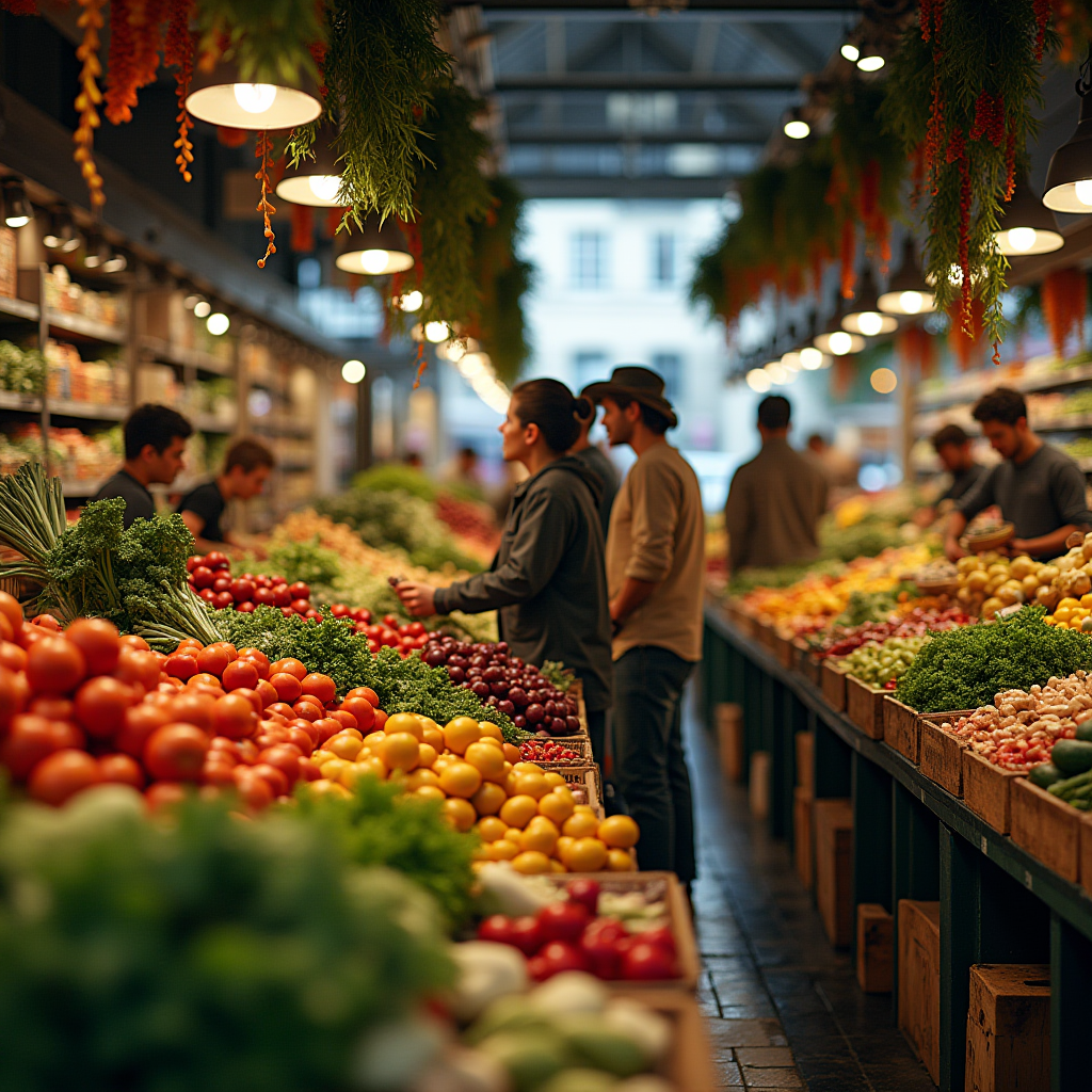 A vibrant and bustling indoor market with a colorful array of fresh produce and engaged shoppers.