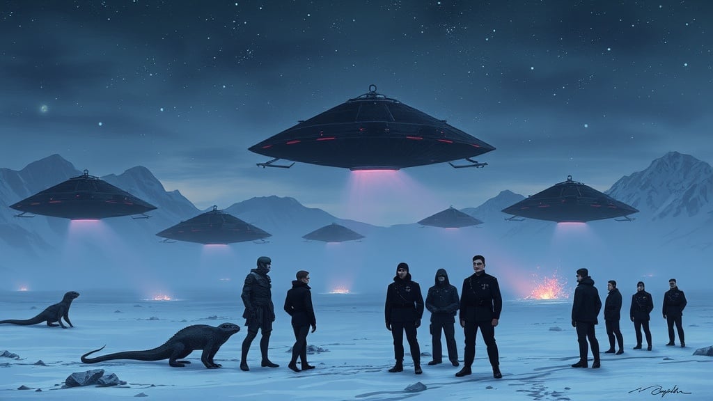 A surreal scene depicting UFOs hovering over a snowy landscape with people and creatures beneath, against a backdrop of mountains and stars.