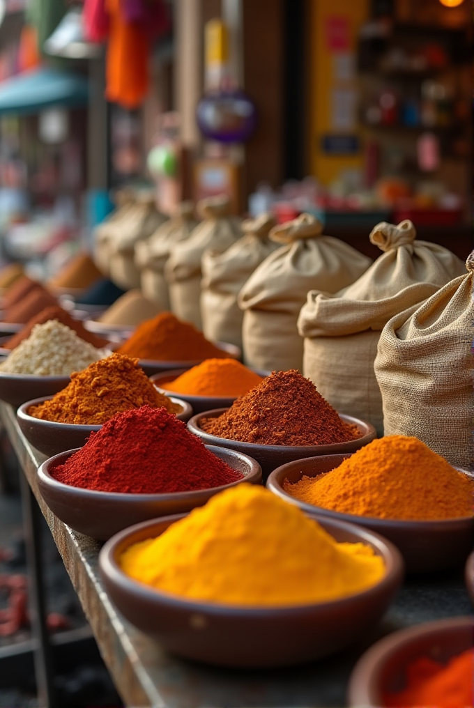 A colorful display of various spices in terracotta bowls, ranging from bright yellow and orange to deep red, with stacks of burlap sacks in the background at a market.