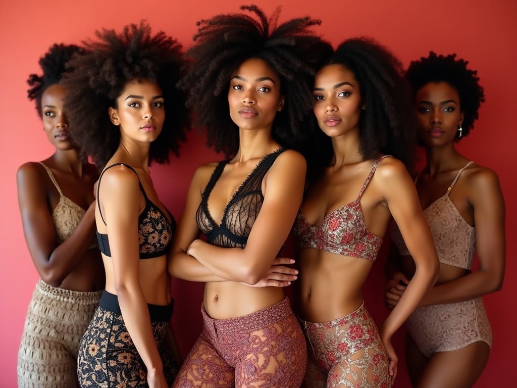 This image captures a diverse group of female models standing together with confidence, showcasing lingerie inspired by Agent Provocateur with a unique desi twist. The models represent a variety of skin tones and body types, embodying beauty in all forms. They are posed elegantly, evoking empowerment and self-assurance in their attire. The backdrop is a warm deep red, complementing their vibrant energy. Each model exhibits a distinct hairstyle, celebrating natural beauty. This scene is a powerful visual statement on inclusivity in the fashion industry.