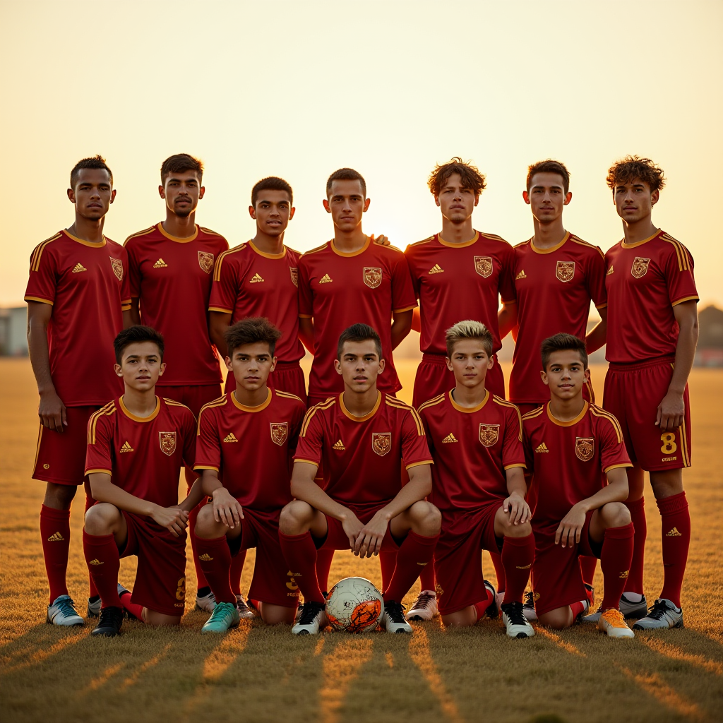 The image captures a group of eleven young male soccer players posing proudly in two rows on a grassy field during sunset. They are dressed in matching red jerseys and shorts with yellow accents and have a badge on the left chest. The front row, consisting of five players, is kneeling, while the back row of six players stands confidently. A soccer ball is placed on the ground in the center, in front of the kneeling players. The warm glow of the setting sun casts a golden hue over the scene, creating elongated shadows and highlighting the players' expressions of camaraderie and determination.