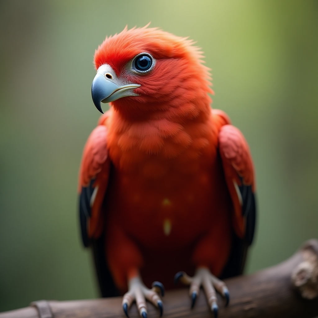 This image features a highly detailed close-up shot of a red bird perched on a branch. The bird has striking red feathers, a white face, and mesmerizing blue eyes. Its black wings add contrast to its vibrant plumage. The background is softly blurred in natural greenery, emphasizing the bird’s vivid colors. This type of bird may evoke feelings of admiration for nature's beauty and wonder. The overall composition highlights the elegance and charm of wildlife photography.