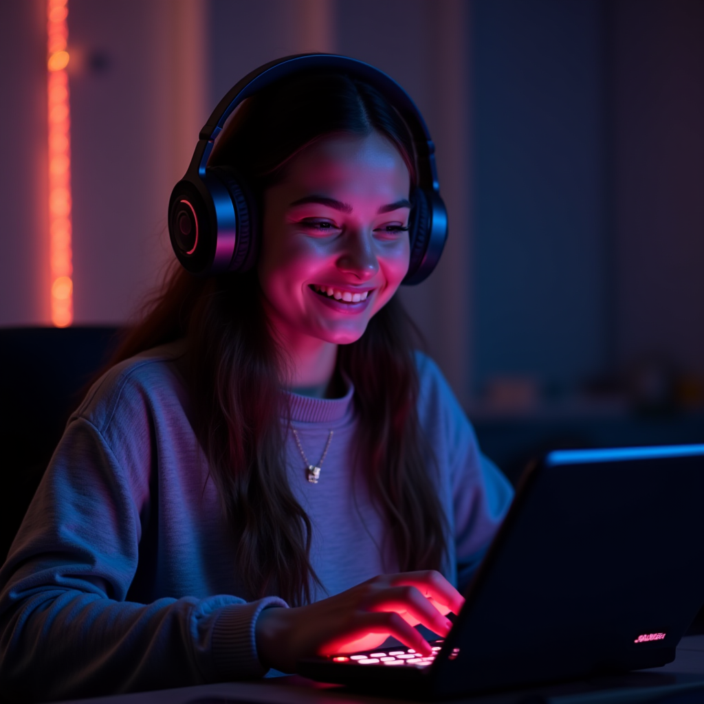 A person wearing headphones, illuminated by the colorful glow of their laptop screen while enjoying a gaming session.