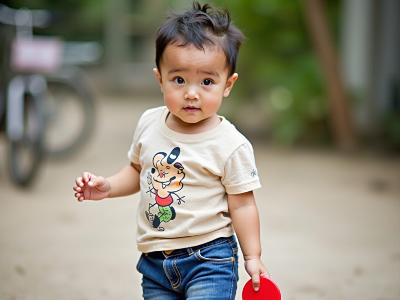 A young child is standing outdoors, looking curiously at the camera. The child is wearing a light-colored t-shirt with a cartoon design and blue denim shorts. In one hand, the child is holding a red circular object. The background includes a blurred view of a bicycle and some greenery, indicating a garden or outdoor space. The overall atmosphere appears casual and natural, suggesting a moment captured during play or leisure time.