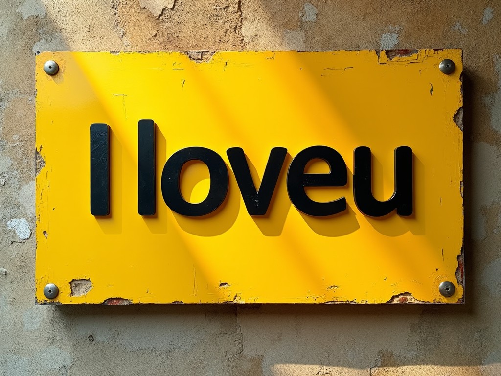 This image features a vibrant yellow sign displaying the message 'Iloveu'. The text is in a bold, black font, creating a striking contrast against the yellow background. The background appears textured, perhaps an old wall, which adds character to the sign. Natural light creates shadows that enhance the visual appeal. This sign serves as a simple yet effective expression of affection, suitable for various decorative applications.