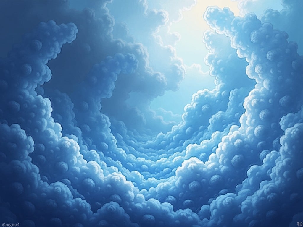 This image features a surreal depiction of clouds in various shades of blue and white, reminiscent of vapor. The clouds are fluffy and seem to swirl around, creating a sense of movement and depth. Light breaks through the wispy formations, enhancing the ethereal quality of the scene. The gentle gradient of blues infuses the artwork with a calming vibe, inviting viewers to lose themselves in its layers. Ideal for nature enthusiasts, this piece captures the beauty and tranquility of the sky.