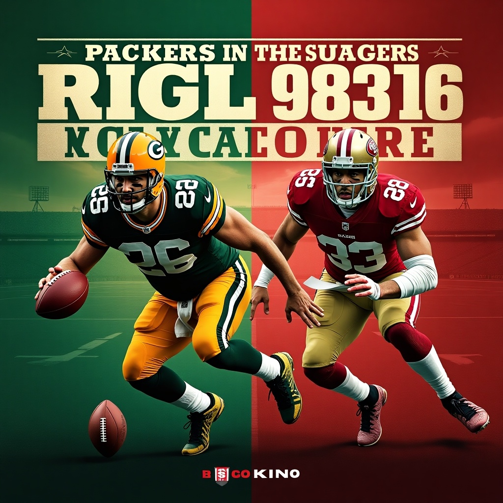 Design a striking eBook cover for 'Rivalry Reloaded: Packers and 49ers Through the Ages.' Feature a dynamic split image with the iconic green and yellow colors of the Packers on one side and a powerful silhouette of a Packers player. On the other side, display bold red and gold hues alongside a 49ers player. Incorporate elements like vintage footballs and stadiums in the background to symbolize the rich history of their matchups. Use a modern font for the title, conveying a sense of competition and intensity in Cinematic Kino.