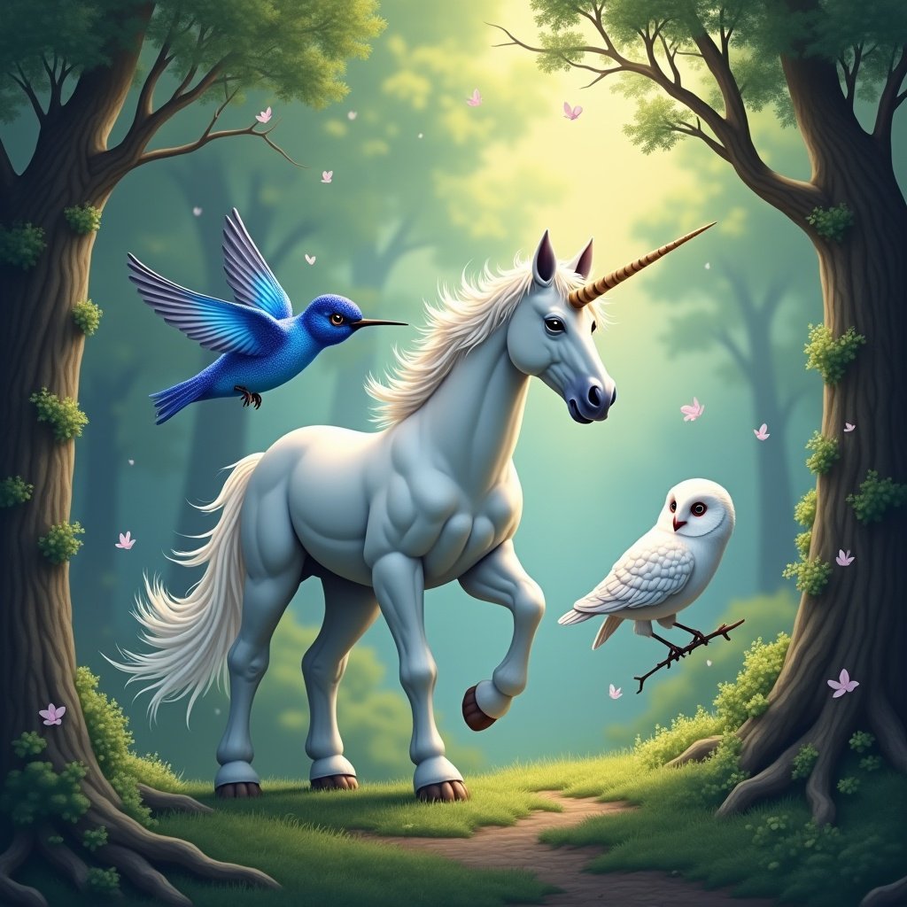 In a magical forest, a white unicorn with beautiful wings stands gracefully. A vibrant blue hummingbird flits nearby, adding a lively touch to the scene. Perched on a branch is a wise-looking white owl, watching everything with keen eyes. Soft sunlight filters through the trees, creating a mystical atmosphere. Delicate pink petals float through the air, enhancing the enchanting feel of the forest. This lively portrayal captures the essence of fantasy, inviting imagination and wonder.