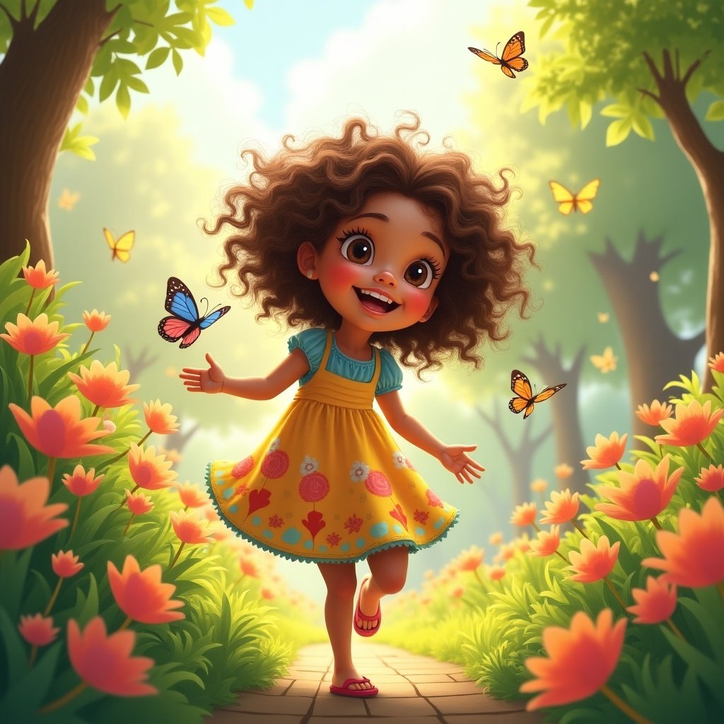 The image features a joyful little girl named Ayla running through a flower-filled path in a sunlit garden. She has curly hair and wears a colorful dress adorned with flowers. Around her, butterflies flutter in the warm air, enhancing the cheerful atmosphere. The path is bordered by lush green trees, creating a serene yet vibrant backdrop. Ayla's expression is filled with delight as she enjoys her playful moment in nature. This scene captures the essence of childhood joy and the beauty of an outdoor adventure.