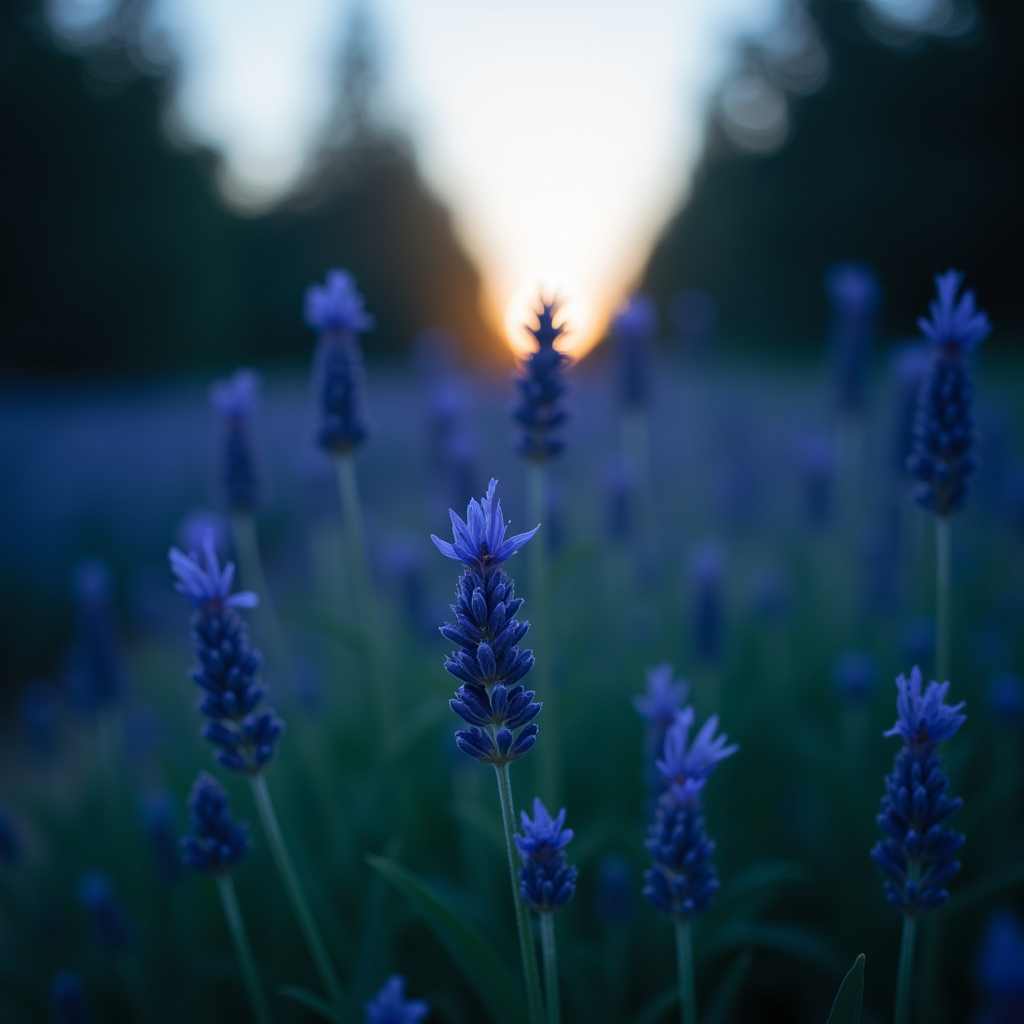 Lavender blooms in focus with a serene sunset in the background.