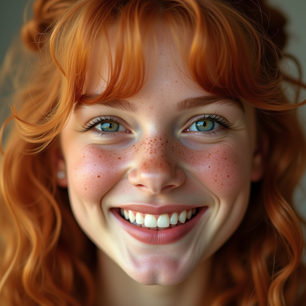 A vibrant portrait of a smiling individual with curly red hair and freckles.