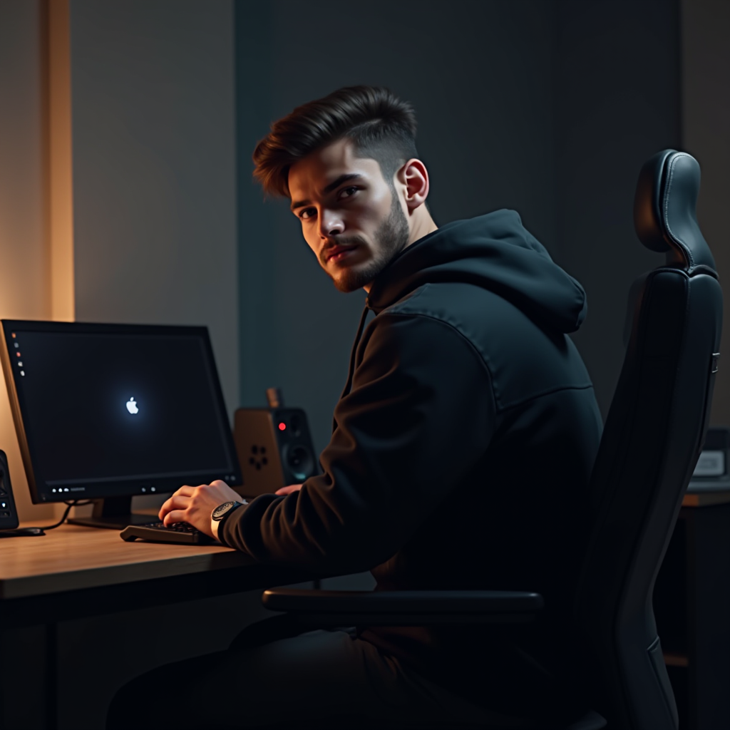 A person in a hoodie is working on a computer in a dimly lit room.