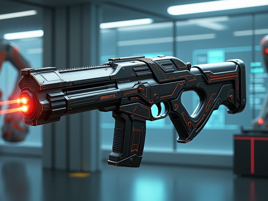 This image features a highly detailed, futuristic gun displayed in a sleek, modern environment. The gun has a primarily black body with vibrant orange highlights, showcasing an advanced design. It seems to emit a glowing laser from its barrel, suggesting it's a high-tech weapon. The background consists of a technologically advanced setting with display panels and robotic elements. This capture emphasizes the intricacies of the gun's design and hints at a futuristic narrative.